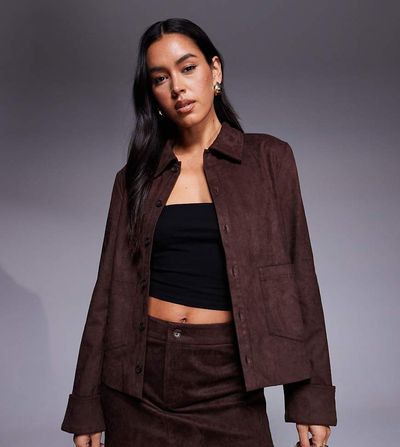 The Frolic The Frolic Exclusive faux suede pocket front wide cuff jacket in chocolate - part of a set-Brown