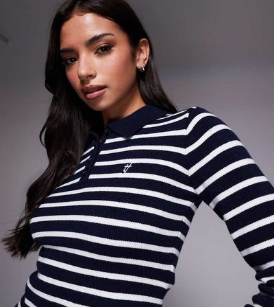 The Frolic The Frolic exclusive knit collared henley long sleeve top in navy & cream - part of a set-Black