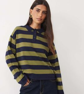 The Frolic The Frolic exclusive knitted long sleeve collared rugby top in green and navy stripe-MULTI