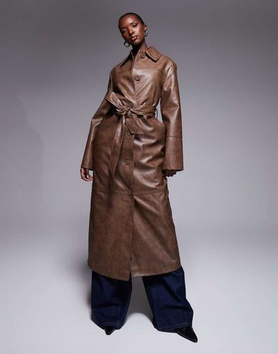The Frolic The Frolic exclusive leather look button up belted maxi coat in vintage brown