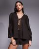 The Frolic The Frolic exclusive linen mix tie front long sleeve beach top in chocolate - part of a set-Brown - 1