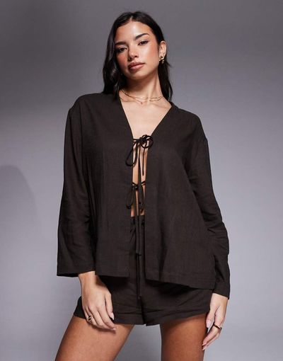 The Frolic The Frolic exclusive linen mix tie front long sleeve beach top in chocolate - part of a set-Brown