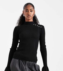 The Frolic The Frolic exclusive rib knit pearl detail flare sleeve sweater in black