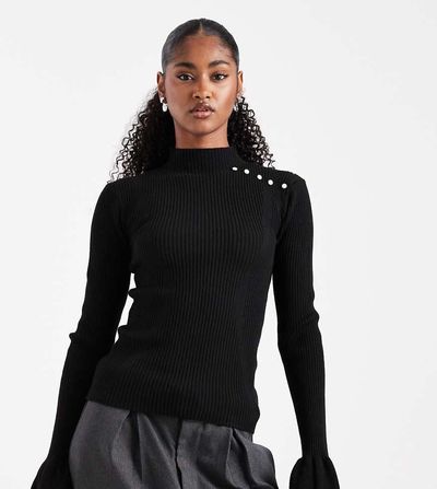 The Frolic The Frolic exclusive rib knit pearl detail flare sleeve sweater in black