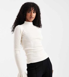 The Frolic The Frolic exclusive rib knit pearl detail flare sleeve sweater in cream-White