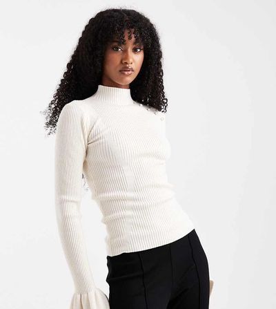 The Frolic The Frolic exclusive rib knit pearl detail flare sleeve sweater in cream-White
