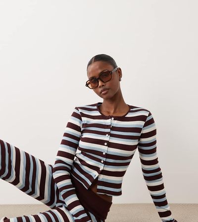 The Frolic The Frolic exclusive ribbed button up long sleeve top in blue & chocolate stripe - part of a set-Multi
