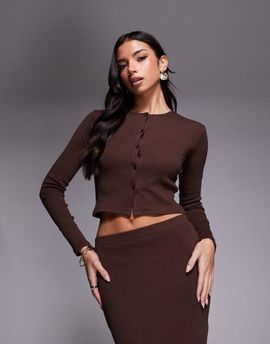 The Frolic The Frolic exclusive ribbed button up long sleeve top in chocolate - part of a set-Brown