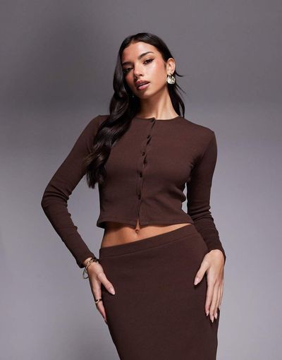 The Frolic The Frolic exclusive ribbed button up long sleeve top in chocolate - part of a set-Brown