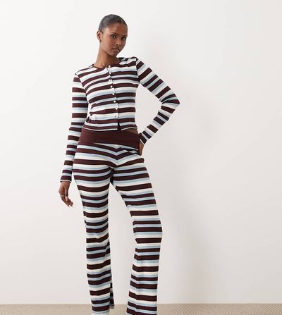 The Frolic The Frolic exclusive ribbed fold over flare pants in blue & chocolate stripe - part of a set-Multi