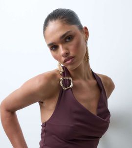 The Frolic The Frolic exclusive ruched cowl neck metal hardware top in plum-PURPLE
