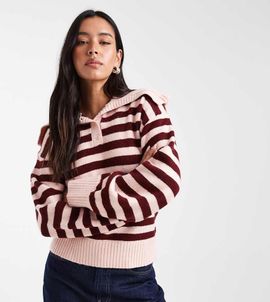 The Frolic The Frolic exclusive ruffle oversized collar button up sweater in burgundy and pink stripe