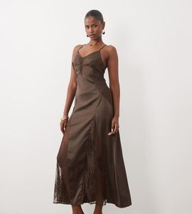 The Frolic The Frolic exclusive satin cami midaxi dress with lace detailing in chocolate-Brown