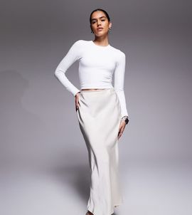 The Frolic The Frolic exclusive satin lace trim maxi skirt in cream-White