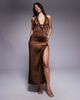 The Frolic The Frolic Exclusive satin lace trim plunge tie detail maxi dress in chocolate-Brown - 3