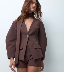 The Frolic The Frolic exclusive scarf detail balloon sleeve blazer set in brown