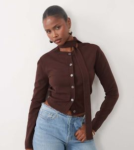 The Frolic The Frolic exclusive scarf detail cardigan in chocolate-Red