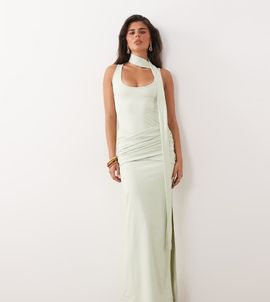 The Frolic The Frolic exclusive slinky wrap scarf drape ruched waist detail maxi dress in mint-White