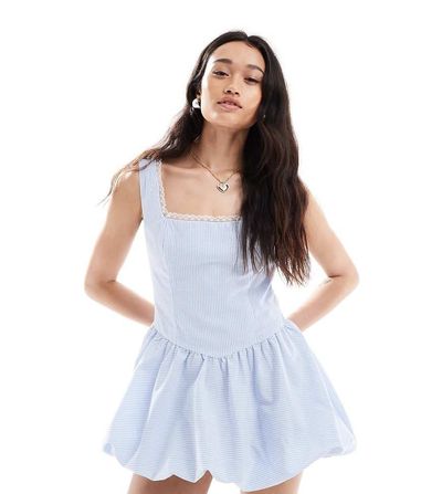 The Frolic The Frolic exclusive square neck lace trim mini bubble dress in blue stripes