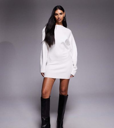 The Frolic The Frolic exclusive straight neck ribbed knit balloon sleeve mini sweater dress in cream-White