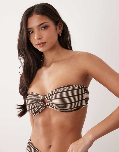 The Frolic The Frolic exclusive textured bandeau resin ring bandeau top in brown & cream stripe-Multi