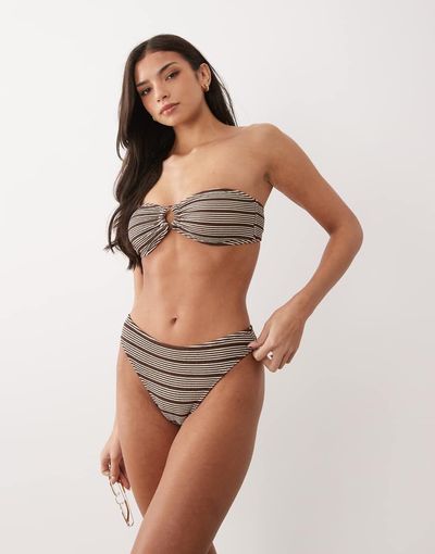 The Frolic The Frolic exclusive textured high leg brazillian bikini bottom in brown & cream stripe - part of a set-Multi
