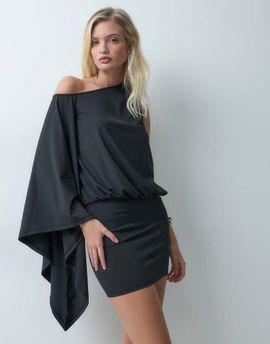 The Frolic The Frolic jersey shoulder drape front open back fold over mini dress in black