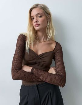 The Frolic The Frolic lace sweetheart neckline top in chocolate-Brown