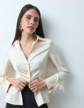 The Frolic The Frolic satin tie sleeve detail shirt in champagne-NEUTRAL