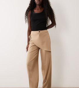 The Frolic The Frolic wrap front tie straight leg pants in beige-Neutral
