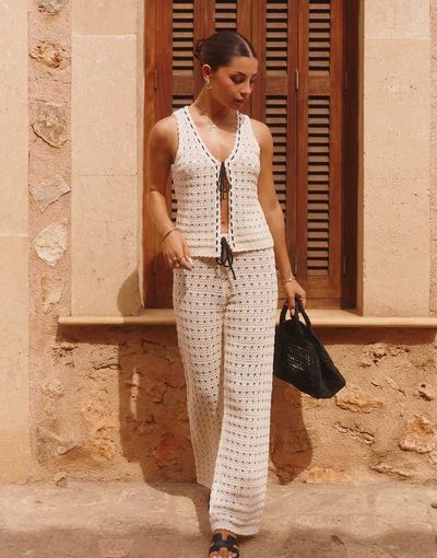 The Frolic The Frolic x Lydia Kara exclusive crochet contrast thread trim wide leg beach pants in cream - part of a set-White