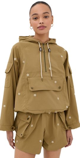THE GREAT. Outdoors THE GREAT. Outdoors Cropped Trailhead Pullover KHAKI WITH DAISY EMBROIDERY