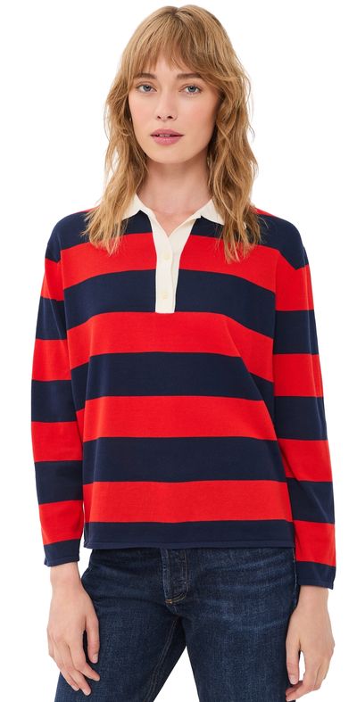 THE GREAT. THE GREAT. The Academy Polo Sweater Hot Red League Stripe