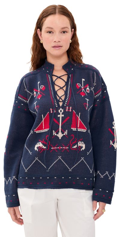THE GREAT. THE GREAT. The Fisherman Lace Up Pullover Navy