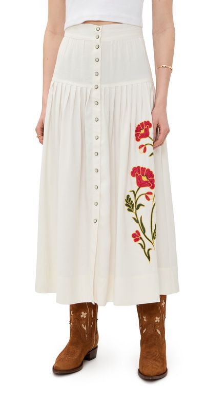 THE GREAT. THE GREAT. THE GREAT x Stetson The Western Embroidered Highland Skirt Cream w/ Chambray Mix Multi