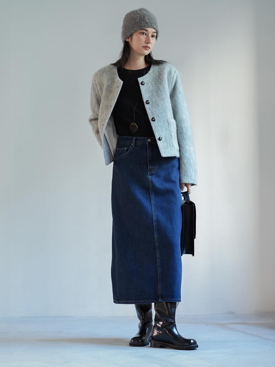 The milui Napping Fleece-Lined Midi Denim Skirt [Deep Blue]