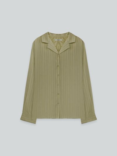 The milui Polyester-Silk Stripe Pattern Blouse [Khaki]