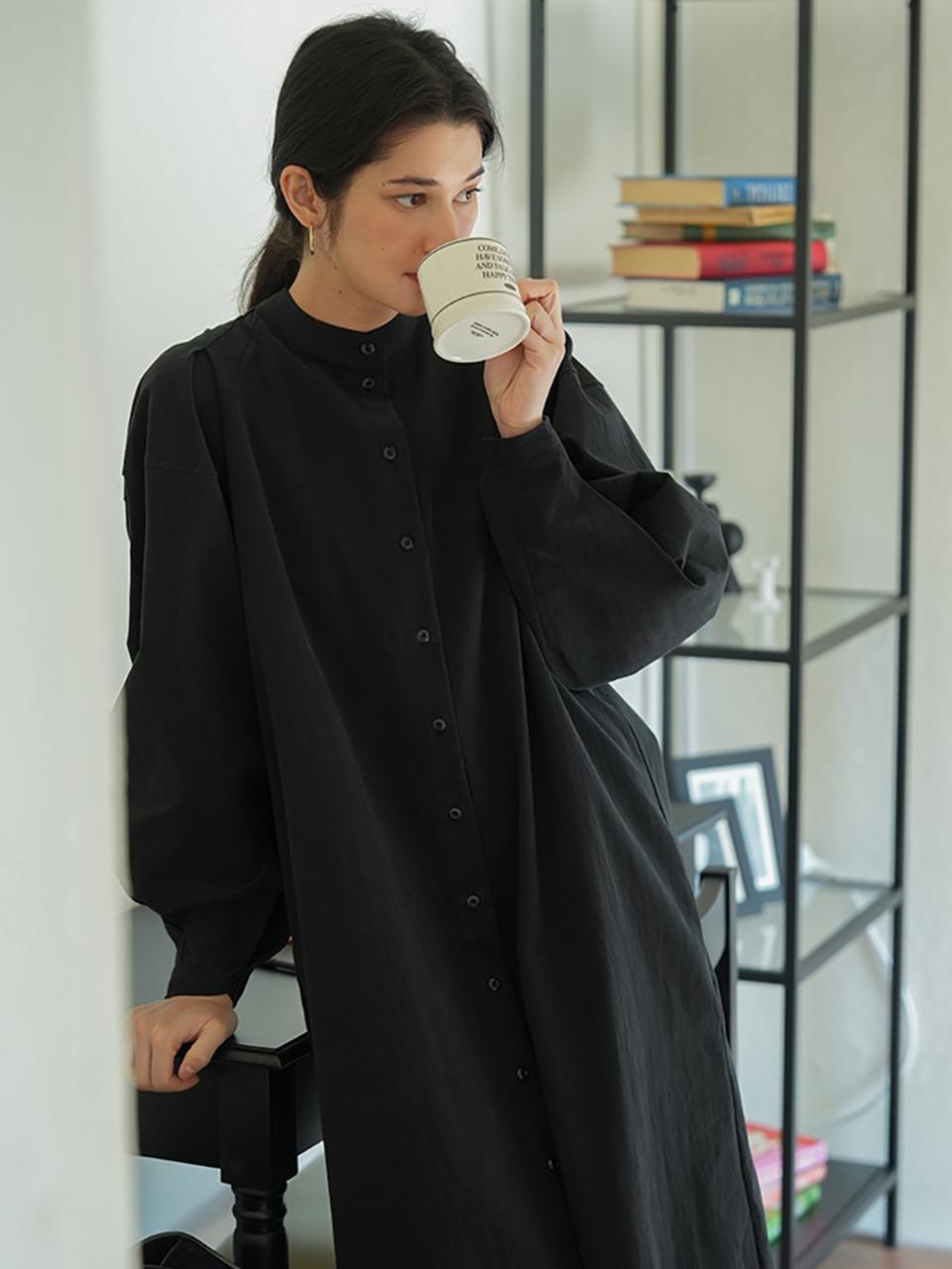 The milui Premium Cotton Mandarin Collar Dress [Black]