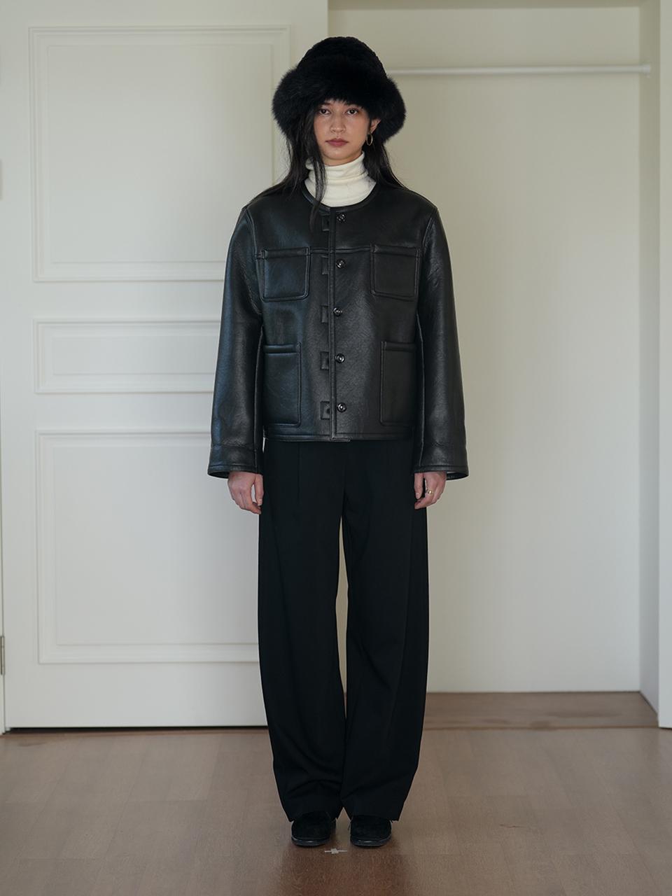 The milui Vegan Leather Round Neck Short Jacket [Black]