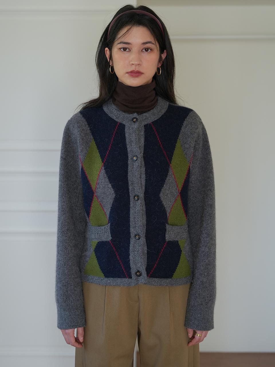 The milui Wool Blend Jacquard Argyle Cardigan [Charcoal]