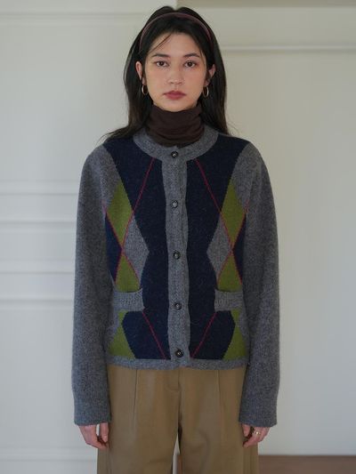 The milui Wool Blend Jacquard Argyle Cardigan [Charcoal]