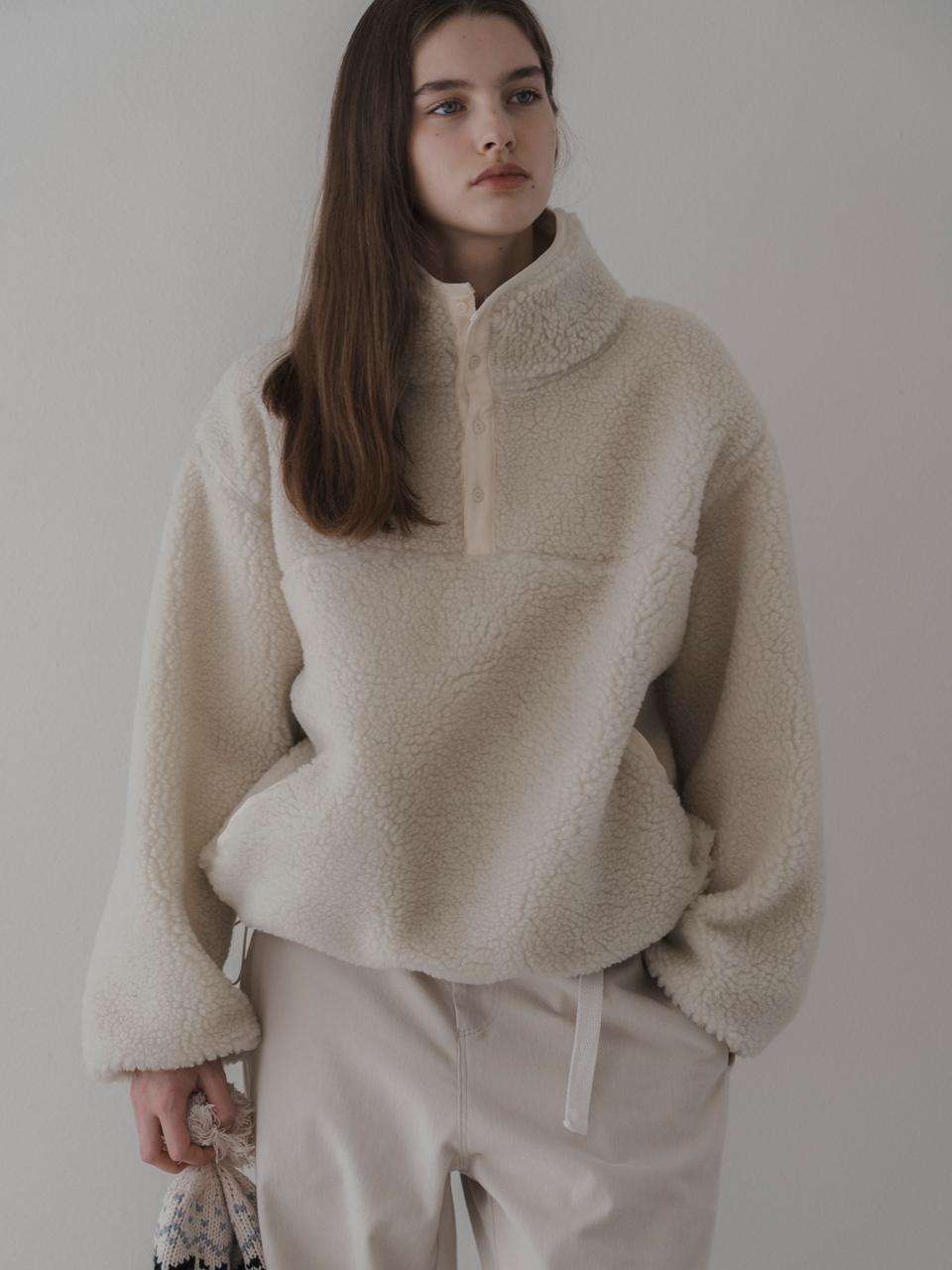 THE MITTEN Lobed Fleece Herringbone Pullover [Cream]