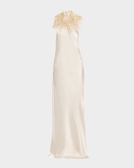 The New Arrivals by Ilkyaz Ozel Jazzy Backless Feather-Embellished Halter Gown