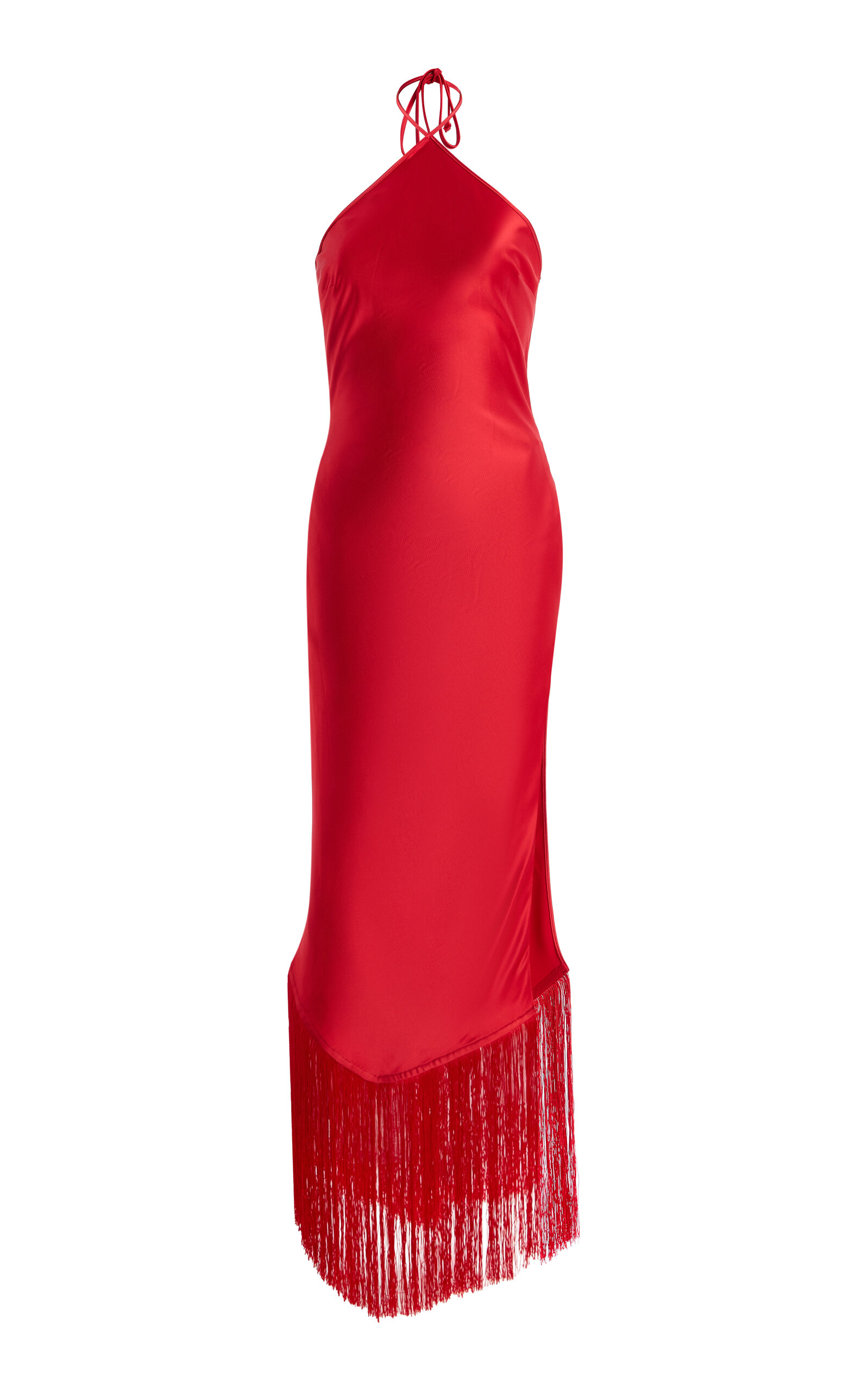 The New Arrivals Ilkyaz Ozel The New Arrivals Ilkyaz Ozel Exclusive BlÃ¢nca Fringed Satin Midi Halter Dress