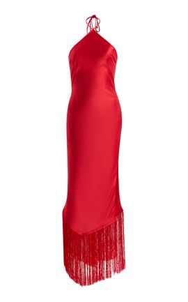The New Arrivals Ilkyaz Ozel The New Arrivals Ilkyaz Ozel Exclusive BlÃ¢nca Fringed Satin Midi Halter Dress