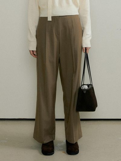 THE PENNY WOOL TUCK BELT POINT SLACKS - Khaki Brown