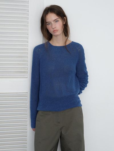 The Raust Mix-Crochet Raglan Lightweight Pullover [BLUE]