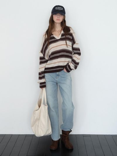 The Raust Preppy Stripe Open-Collar Mohair Blend Pullover [BROWN]
