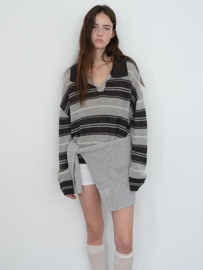 The Raust Preppy Stripe Open-Collar Mohair Wool Pullover [CHARCOAL]