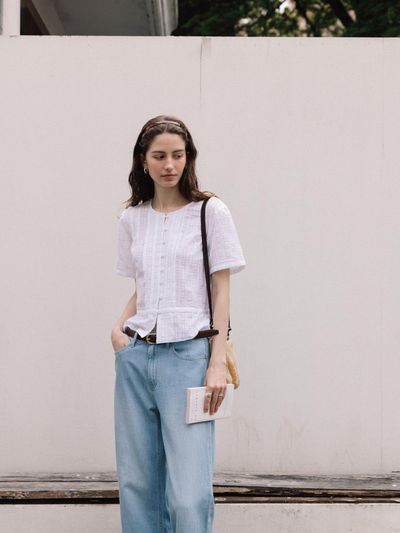 THE RYE Lace Pin Tuck Blouse_White